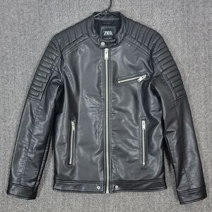 ZARA Jacket Womens Small Black Faux Leather Moto Biker Zippers Lined Quilted